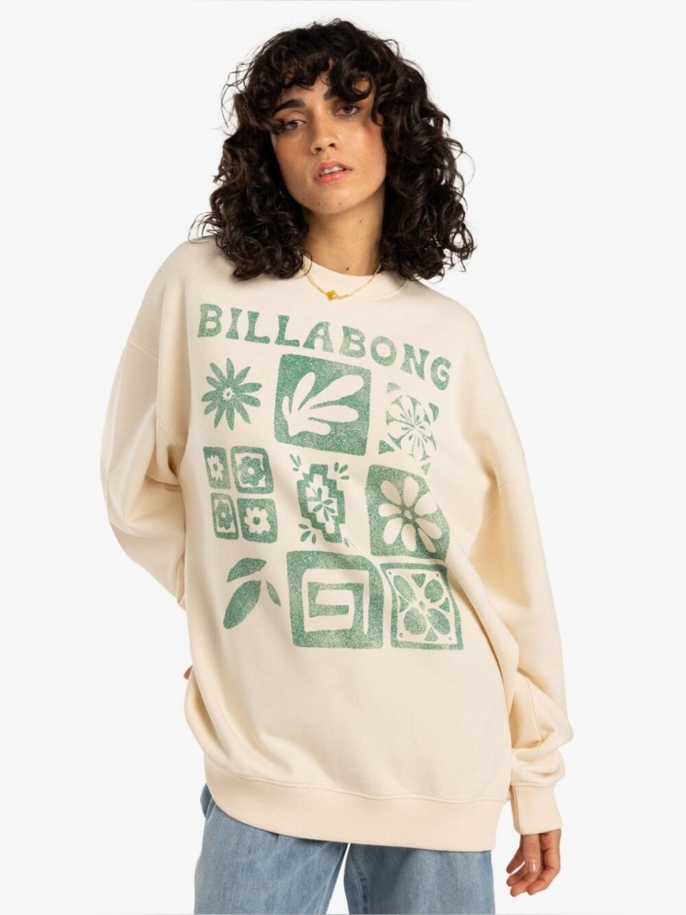 Billabong Women’s Ride In Oversized Graphic Crewneck Sweatshirt Off White Size M